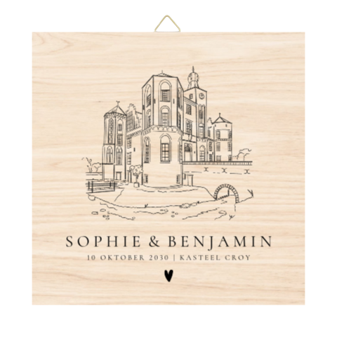 Houten tegel met tekening van trouwlocatie Kasteel Croy