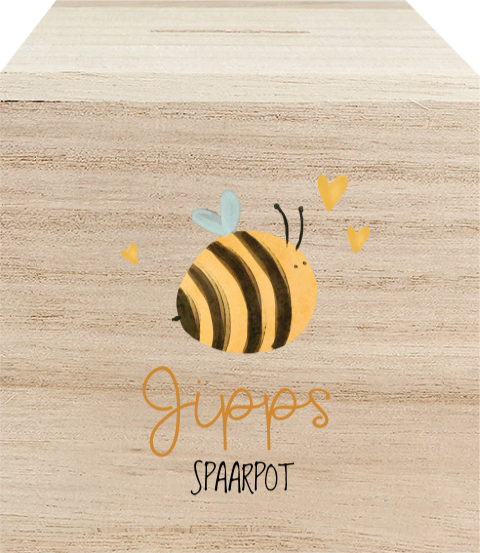 Houten spaarpot met lief bijtje en hartjes