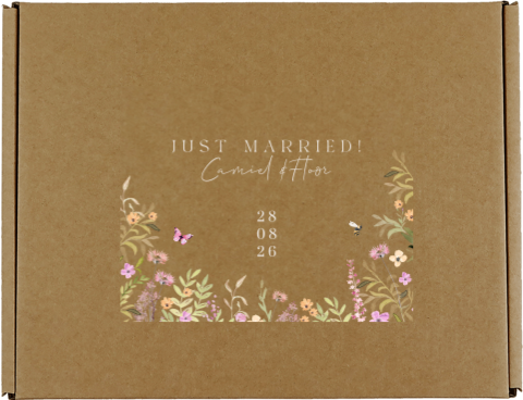 Cadeaudoos bruiloft met veldbloemen en vlinders