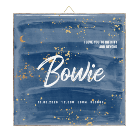 Geboortetegel met naam in blauw met gouden details