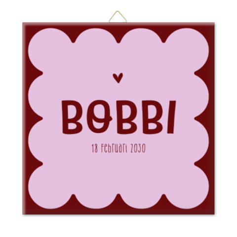 Geboortetegeltje in colorblocking roze en rood met golvend kader