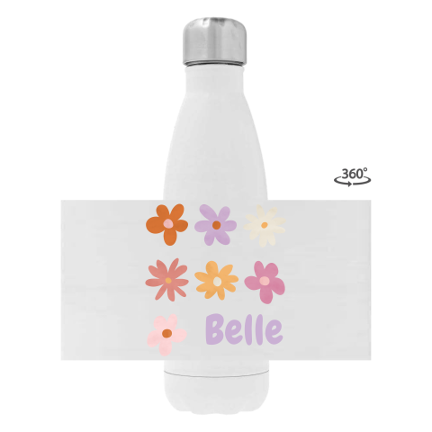 Rvs drinkfles met naam en kleurrijke bloemetjes