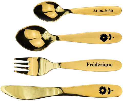 Lief gegraveerd kinderbestek met bloemen en naam