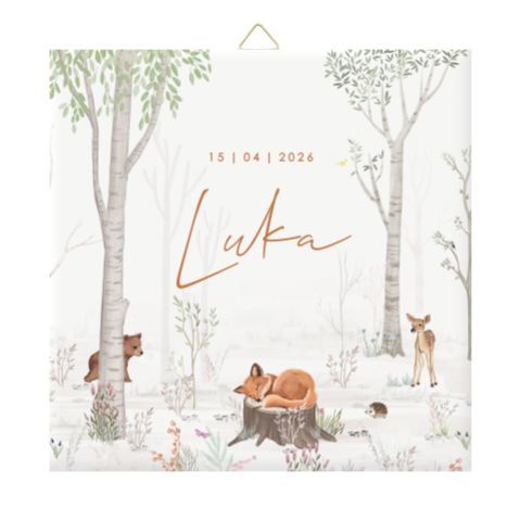 Geboorte tegeltje met dieren in het bos