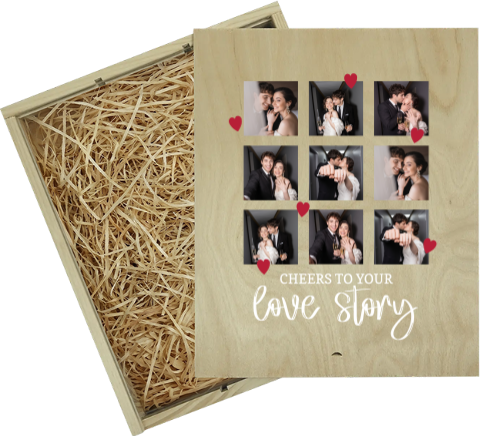 Wijnkist cadeau huwelijk groot met fotocollage en hartjes