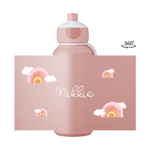 Pop-up drinkfles met naam, regenboogjes en wolkjes