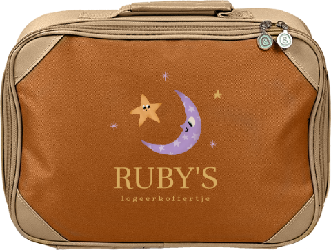 Koffertje met naam, sterren en kleurrijke maan