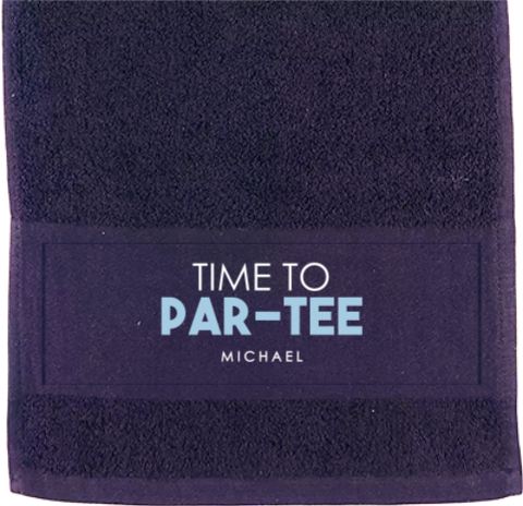 Golfhanddoek met time to par-tee tekst als sportief relatiegeschenk