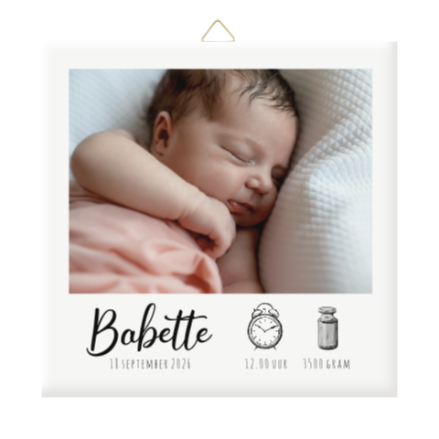 Geboortetegeltje met gegevens en foto