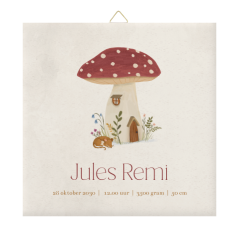 Geboorte tegeltje in herfststijl met paddenstoel en muisje