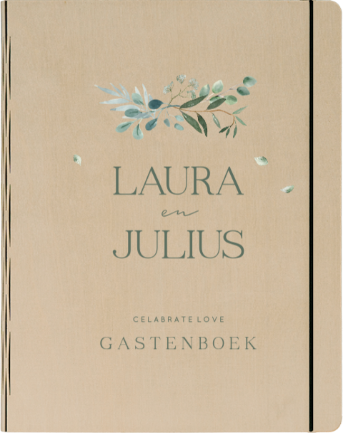 Houten gastenboek in botanische stijl met groene typografie