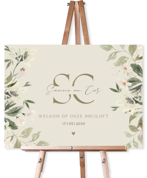 Elegant welkomstbord bruiloft in groen met bloemen en initialen