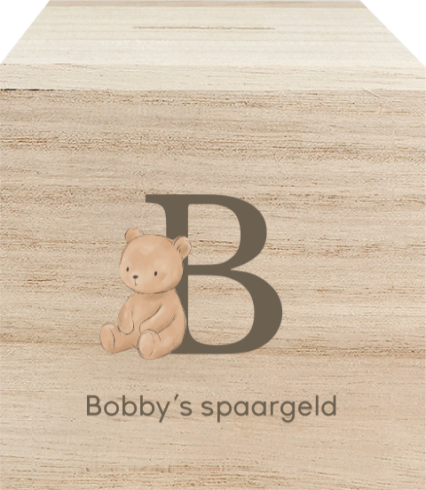 Houten spaarpot met initiaal en beertje