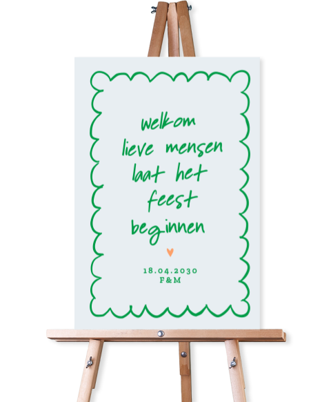 Welkomstbord huwelijk in lichtblauw en groen met golvend kader