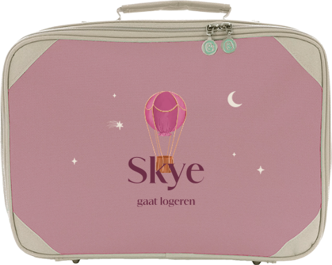 Logeerkoffertje met naam en roze luchtballon
