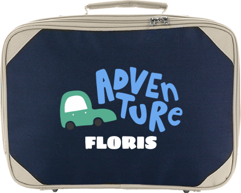 Koffertje met vrolijke letters en auto 