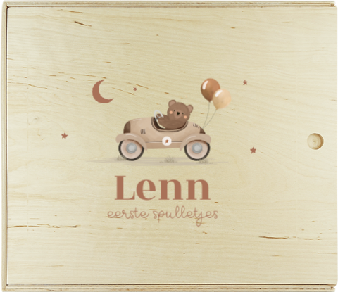 Presentatiedoos met beertje in auto en ballonnen