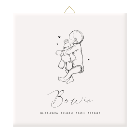 Geboorte tegeltje met illustratie van baby met knuffelbeertje