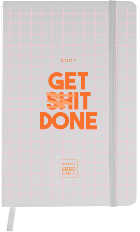 Notitieboek met tekst in oranje als motiverend collega­cadeau