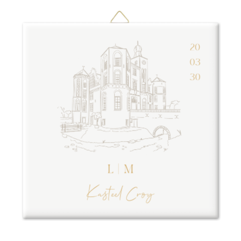 Tegeltje bruiloft met illustratie van trouwlocatie kasteel Croy