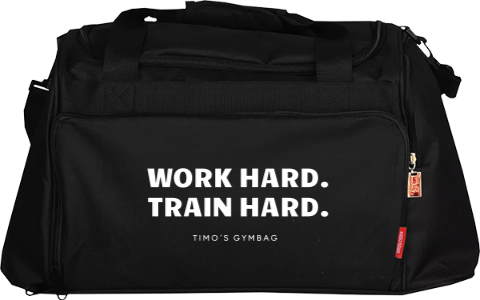 Sporttas met work hard train hard tekst als sportief relatiegeschenk