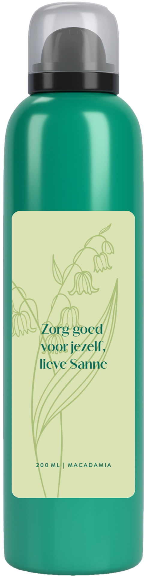 Kraamcadeau doucheschuim in groen met geboortebloem