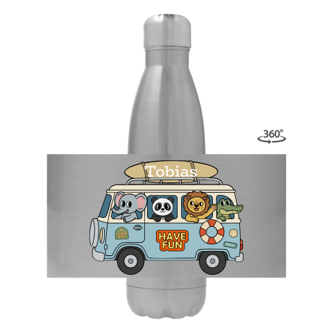 Rvs drinkfles met naam en kawaii dieren busje