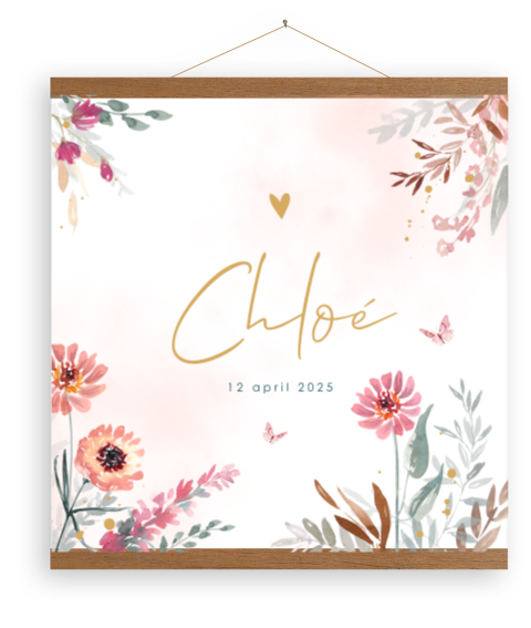 Canvasposter met houten latjes en bloemen 