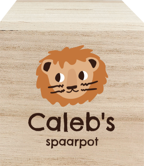 Houten spaarpot met leeuw en naam