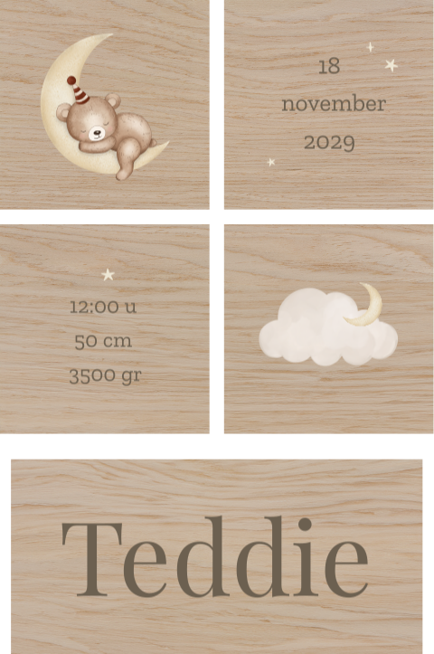 Houten blokken met beertje op maan en naam