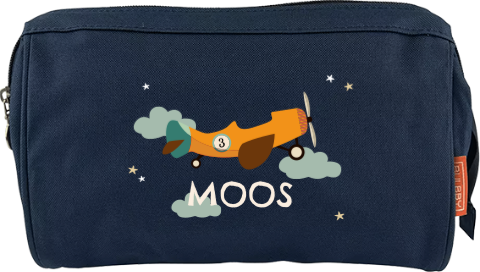 Toilettas met naam en vliegtuig