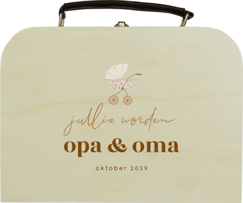 Koffertje zwangerschapsaankondiging met kinderwagen voor opa en oma