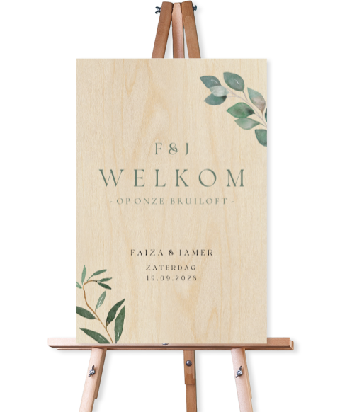 Houten welkomstbord bruiloft botanisch