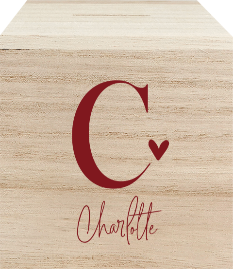 Houten spaarpot met naam, hartje en initiaal