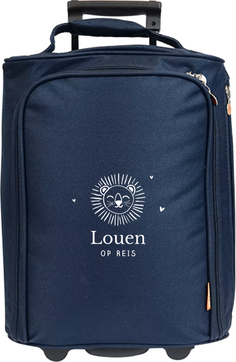 Reistrolleu met lijntekening leeuw en naam