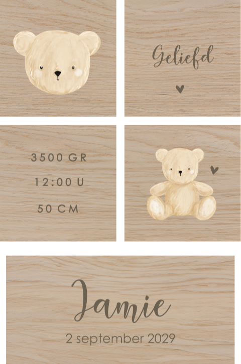 Houten blokken met naam, beertjes en geboortegegevens