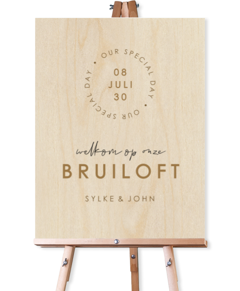 Stijlvol welkomstbord hout bruiloft in neutrale kleuren