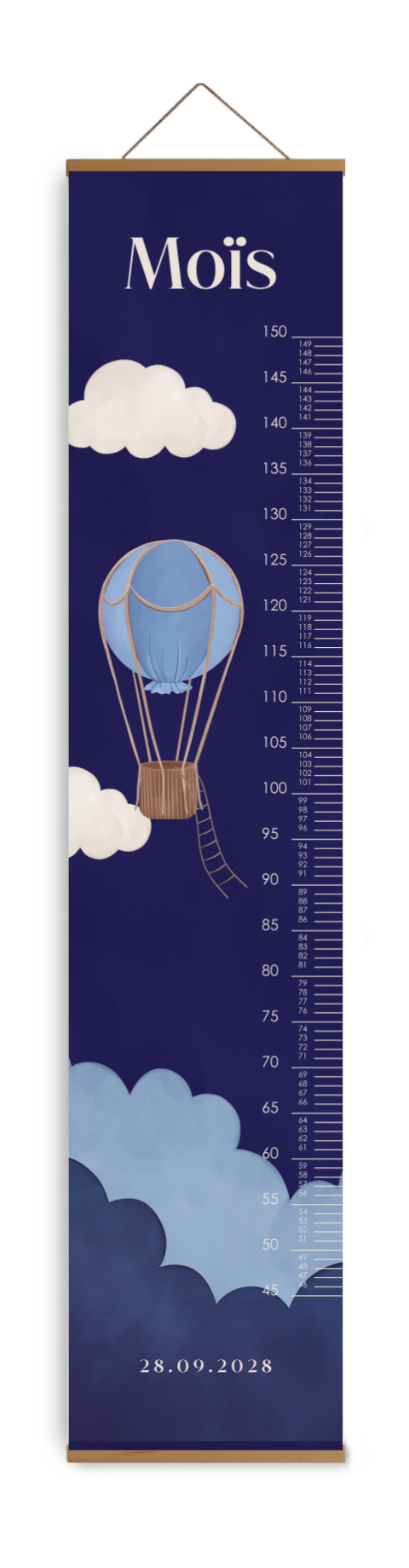 Groeimeter kinderkamer in blauw met naam en luchtballon