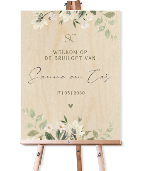 Welkomstbord hout bruiloft met elegante bloemen