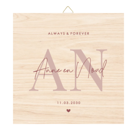 Houten tegel bruiloft met initialen