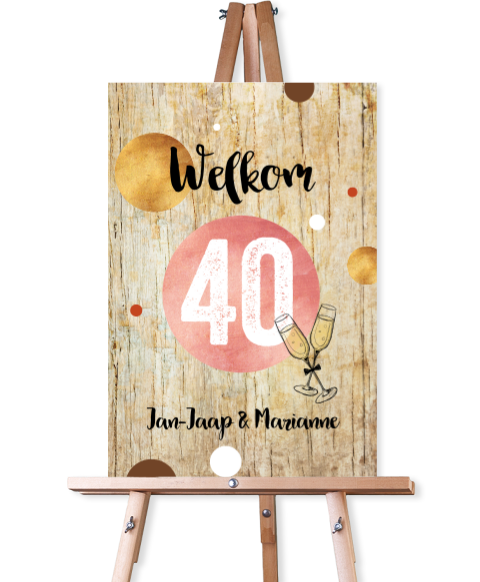 Vrolijk welkomstbord voor 40 jarig huwelijksjubileum met hout look