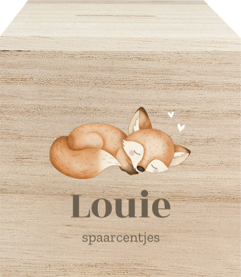 Houten spaarpot met naam en lief slapend vosje