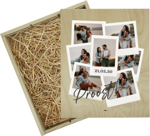 Gepersonaliseerde wijnkist groot met foto's in polaroidstijl
