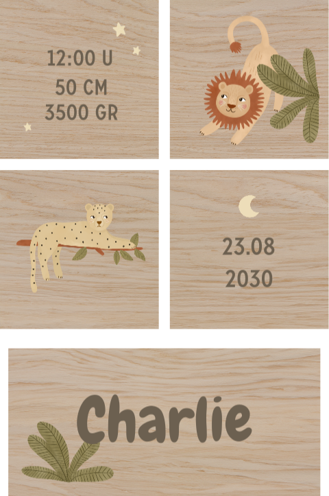 Houten blokken met jungle thema en naam