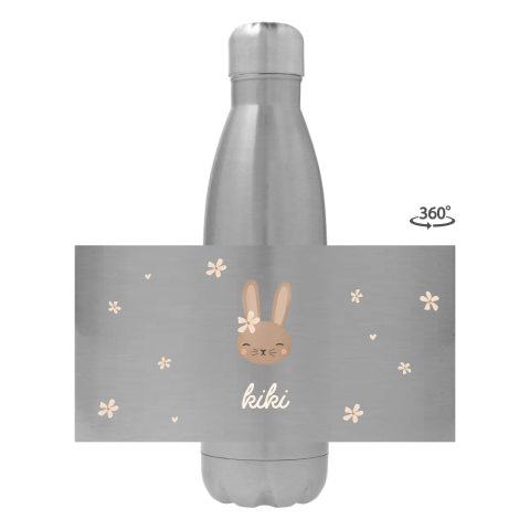 RVS drinkfles met naam, bloemetjes en konijntje