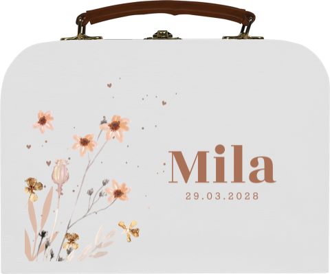 Houten koffertje met naam en bloemen