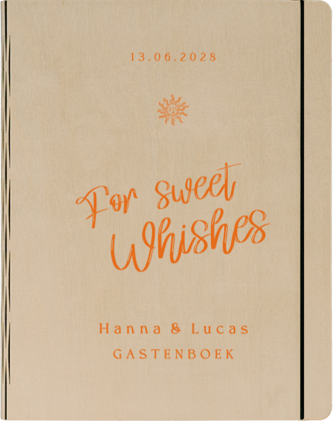 Houten gastenboek in zomerse stijl met zonnetje en oranje belettering