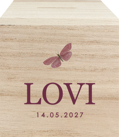 Houten spaarpot met naam en vlindertje