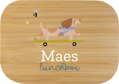 Rvs broodtrommel met naam en teckel op skateboard