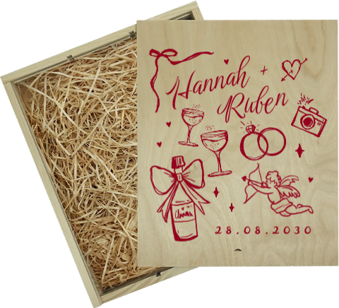 Wijnkist cadeau huwelijk groot met speelse illustraties